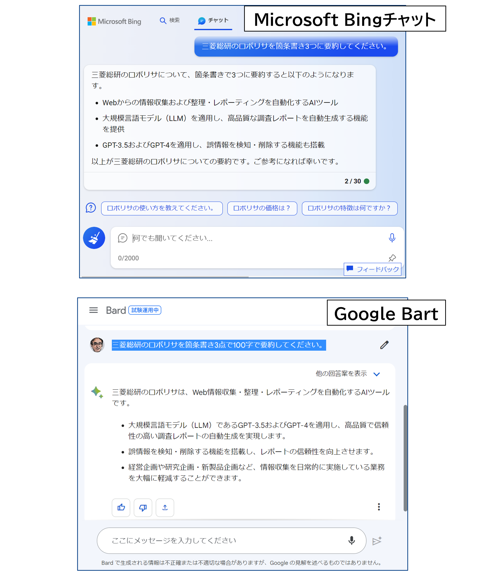 図表：Microsoft BingチャットとGoogle Bart